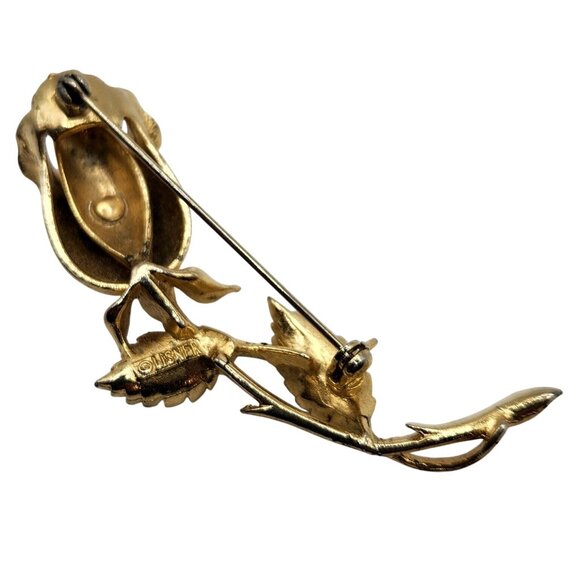 Vintage Lisner Rose Brooch 1950s Gold Tone Flower Pin Signed Floral Jewelry - Picture 4 of 5
